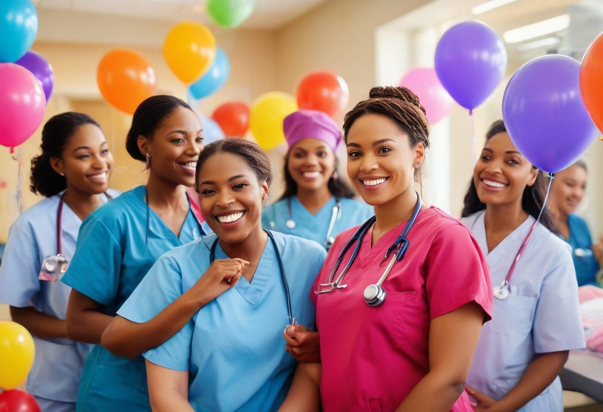 A vibrant scene showcasing ecstatic women physicians in a hospital setting, joyfully interacting with patients and colleagues. Each physician is depicted in scrubs, radiating warmth and passion, while colorful medical instruments and patient engagement fill the background. There is a sense of celebration, with flowers and balloons adding to the festive atmosphere. The image embodies empowerment and the positive impact of women in healthcare. super-realistic. vibrant colors. cheerful tone.