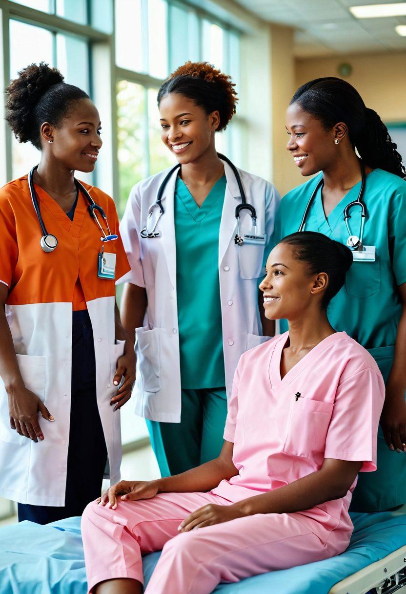 A dynamic and uplifting scene showcasing diverse women in medical attire collaborating warmly in a bright hospital setting, engaging with patients of all ages. Incorporate elements of compassion and innovation, such as modern medical technology and healing environments. Use soft, inviting colors to evoke a sense of wellness and positivity. super-realistic. vibrant colors. bright background.