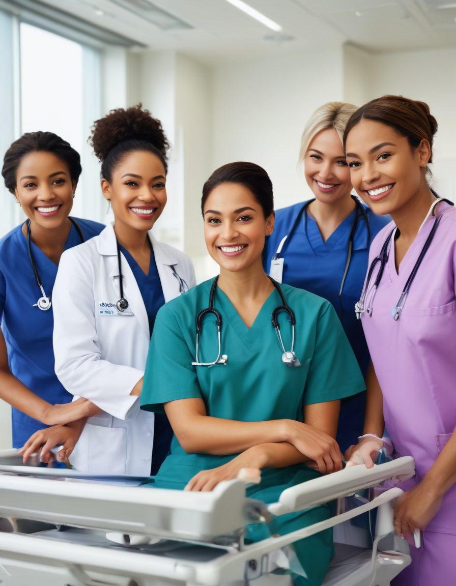 A vibrant scene depicting a diverse group of cheerful female clinicians in a bright, modern hospital setting, engaged in patient care with smiles and compassion. Include elements like medical equipment, friendly interactions with patients, and a warm atmosphere. The clinicians should represent various ethnicities to highlight inclusivity and empowerment in healthcare. super-realistic. vibrant colors. white background.